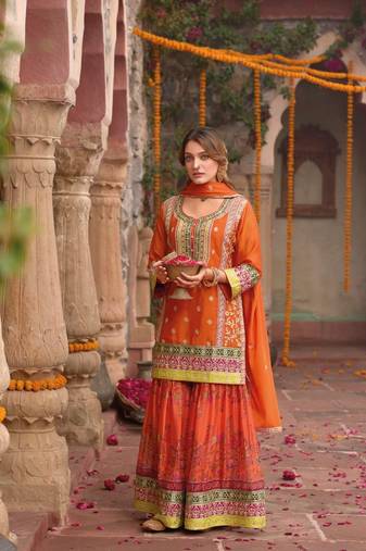 Orange chinon embroidered readymade salwar suit