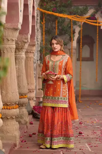 Orange chinon embroidered readymade salwar suit