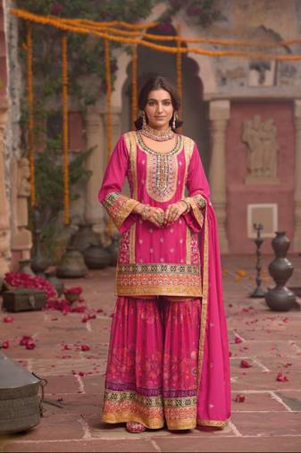 Pink chinon embroidered readymade salwar suit