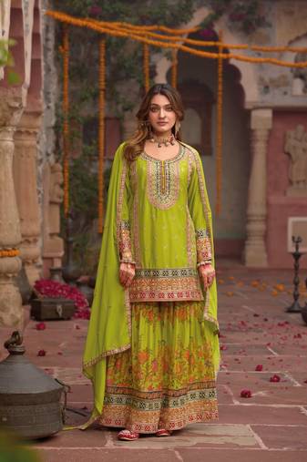 Green chinon embroidered readymade salwar suit
