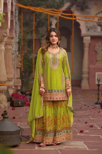 Green chinon embroidered readymade salwar suit
