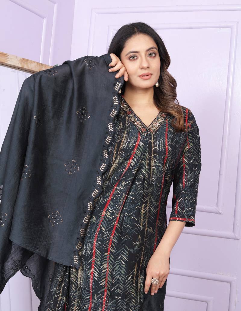 Black  Modal Silk Fabric With Hand Work Design Straight Kurta Pant And Dupatta Set