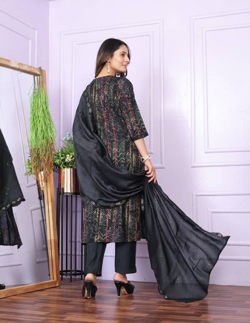 Black  Modal Silk Fabric With Hand Work Design Straight Kurta Pant And Dupatta Set