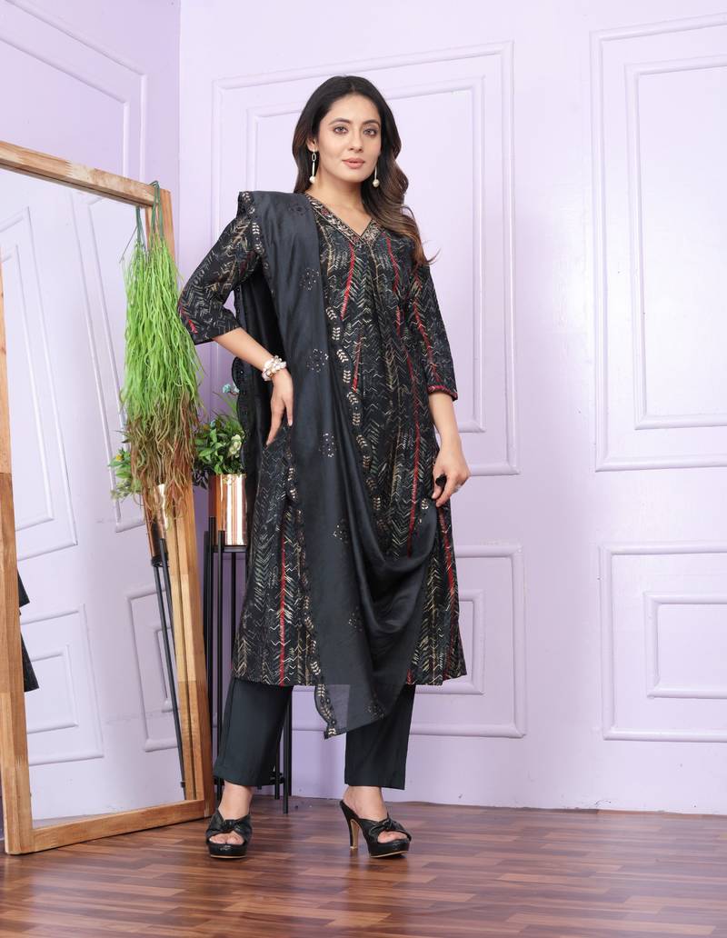 Black  Modal Silk Fabric With Hand Work Design Straight Kurta Pant And Dupatta Set