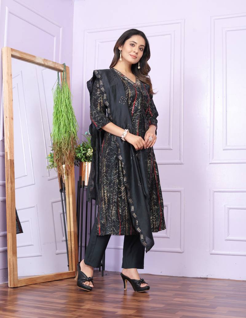 Black  Modal Silk Fabric With Hand Work Design Straight Kurta Pant And Dupatta Set