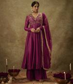 Gul mgenta hand woven chanderi slik anarkali set with zardozi embrodiery
