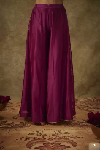 Gul mgenta hand woven chanderi slik anarkali set with zardozi embrodiery