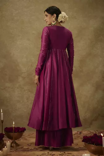 Gul mgenta hand woven chanderi slik anarkali set with zardozi embrodiery