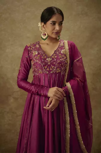 Gul mgenta hand woven chanderi slik anarkali set with zardozi embrodiery