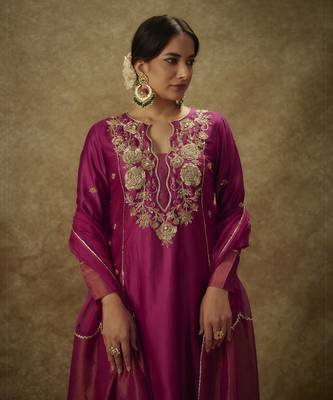 Falak magenta hand woven chanderi slik suit set with zardozi embrodiery 1