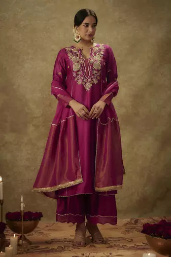 Falak magenta hand woven chanderi slik suit set with zardozi embrodiery