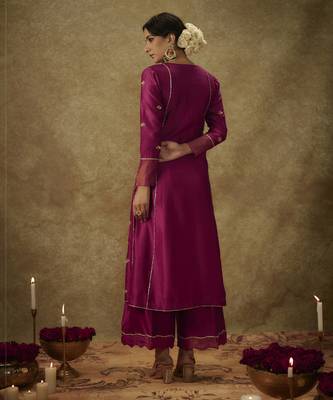 Falak magenta hand woven chanderi slik suit set with zardozi embrodiery 4