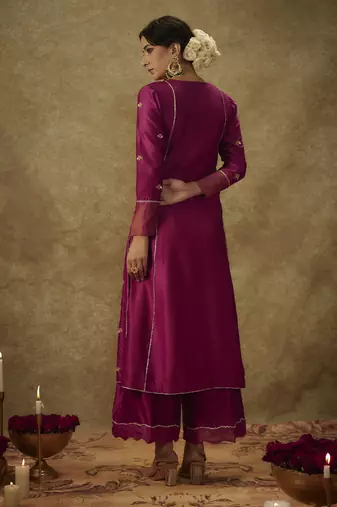 Falak magenta hand woven chanderi slik suit set with zardozi embrodiery