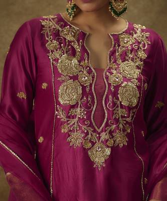 Falak magenta hand woven chanderi slik suit set with zardozi embrodiery 5