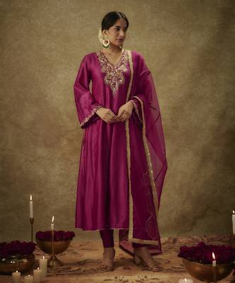 Roop magenta hand woven chanderi slik kali suit set with zardozi embrodiery 1