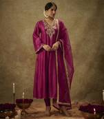 Roop magenta hand woven chanderi slik kali suit set with zardozi embrodiery