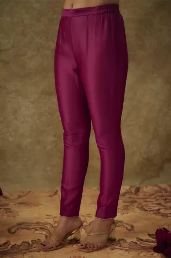 Roop magenta hand woven chanderi slik kali suit set with zardozi embrodiery