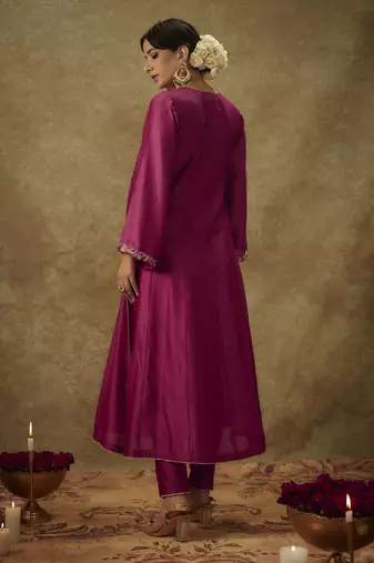 Roop magenta hand woven chanderi slik kali suit set with zardozi embrodiery