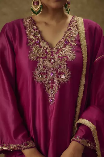Roop magenta hand woven chanderi slik kali suit set with zardozi embrodiery