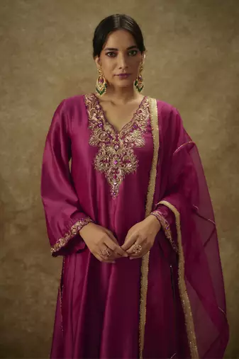 Roop magenta hand woven chanderi slik kali suit set with zardozi embrodiery