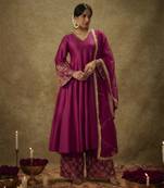 Sahar magenta hand woven chanderi slik anarkali set with zardozi embrodiery