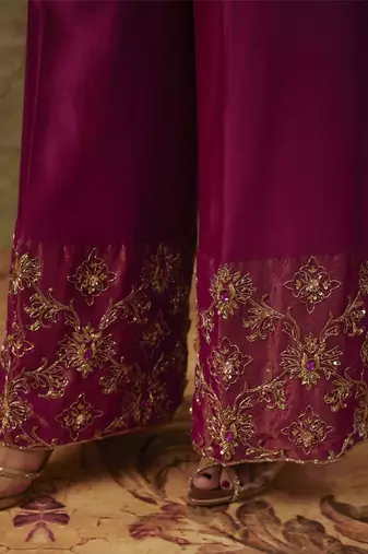 Sahar magenta hand woven chanderi slik anarkali set with zardozi embrodiery