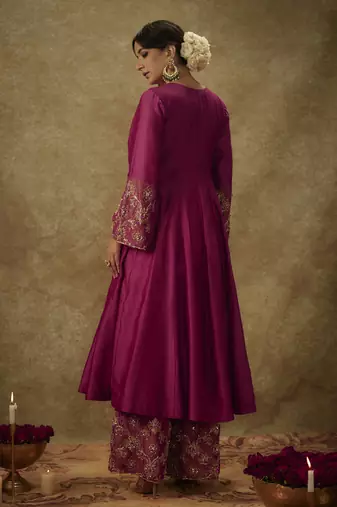 Sahar magenta hand woven chanderi slik anarkali set with zardozi embrodiery