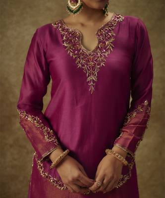Asmira magenta hand woven chanderi slik sharara set with zardozi embrodiery 1