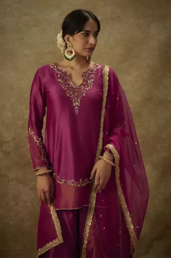 Asmira magenta hand woven chanderi slik sharara set with zardozi embrodiery