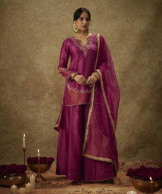 Asmira magenta hand woven chanderi slik sharara set with zardozi embrodiery 3