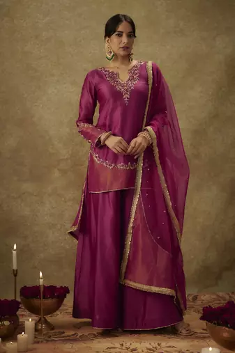 Asmira magenta hand woven chanderi slik sharara set with zardozi embrodiery