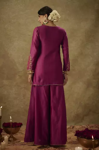 Asmira magenta hand woven chanderi slik sharara set with zardozi embrodiery