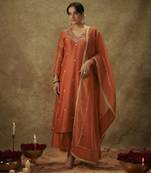 Siara orange hand woven chanderi slik suit set with zardozi embrodiery