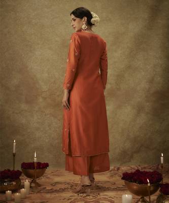 Siara orange hand woven chanderi slik suit set with zardozi embrodiery 3