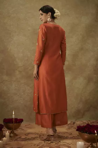 Siara orange hand woven chanderi slik suit set with zardozi embrodiery
