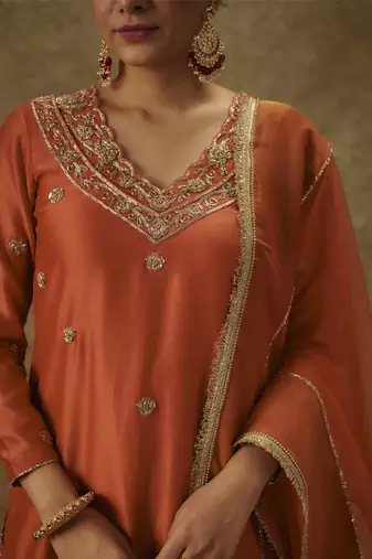 Siara orange hand woven chanderi slik suit set with zardozi embrodiery