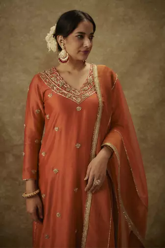 Siara orange hand woven chanderi slik suit set with zardozi embrodiery