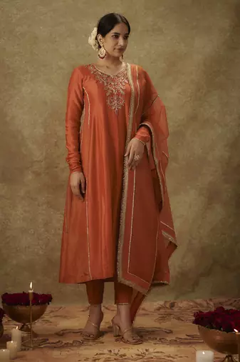 Haya orange hand woven chanderi slik semi anarkali set with zardozi embrodiery
