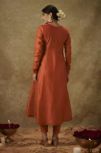 Haya orange hand woven chanderi slik semi anarkali set with zardozi embrodiery