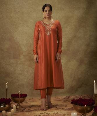 Haya orange hand woven chanderi slik semi anarkali set with zardozi embrodiery 5