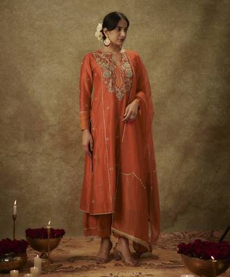 Yura orange hand woven chanderi slik a-line suit set with zardozi embrodiery 1
