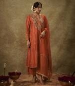 Yura orange hand woven chanderi slik a-line suit set with zardozi embrodiery