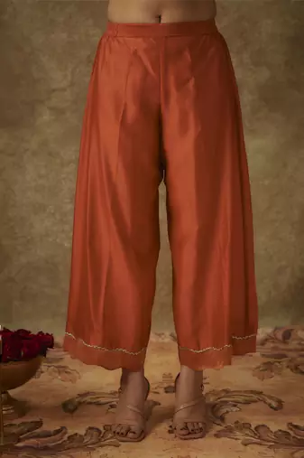 Yura orange hand woven chanderi slik a-line suit set with zardozi embrodiery