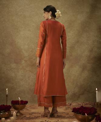 Yura orange hand woven chanderi slik a-line suit set with zardozi embrodiery 3