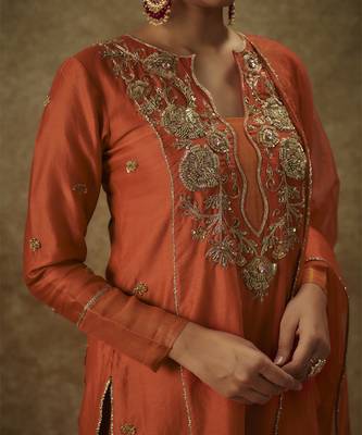 Yura orange hand woven chanderi slik a-line suit set with zardozi embrodiery 4