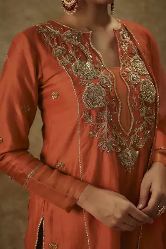 Yura orange hand woven chanderi slik a-line suit set with zardozi embrodiery