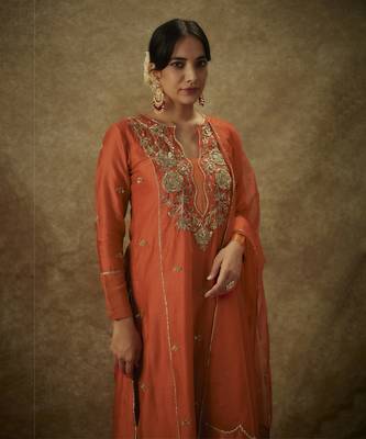 Yura orange hand woven chanderi slik a-line suit set with zardozi embrodiery 5
