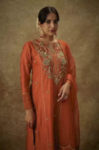 Yura orange hand woven chanderi slik a-line suit set with zardozi embrodiery