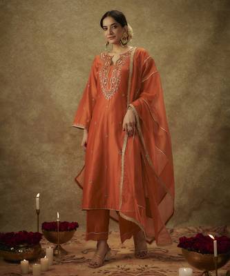 Gulyaz orange hand woven chanderi slik suit set with zardozi embrodiery 1