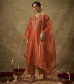 Gulyaz orange hand woven chanderi slik suit set with zardozi embrodiery